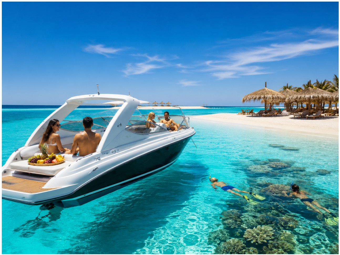 Book Eden Island Hurghada private boat trip with Orange Bay beach time, snorkeling, White Island views, fresh fruit and optional hotel transfer.