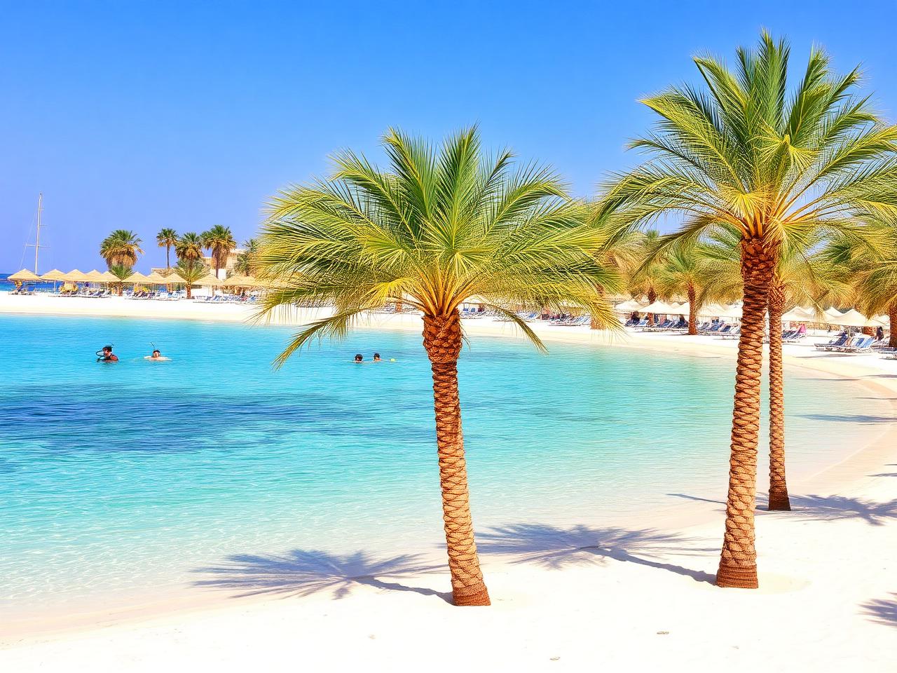 Powder-soft beach, palm umbrellas and brilliant snorkel reef.