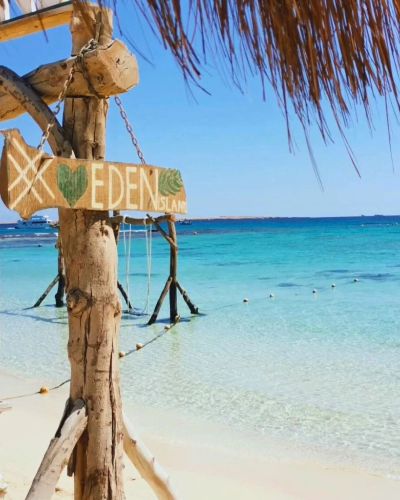 Enjoy Eden Island Hurghada with Orange Bay beach time, snorkeling, White Island views, fresh fruit, and a private Red Sea boat experience.