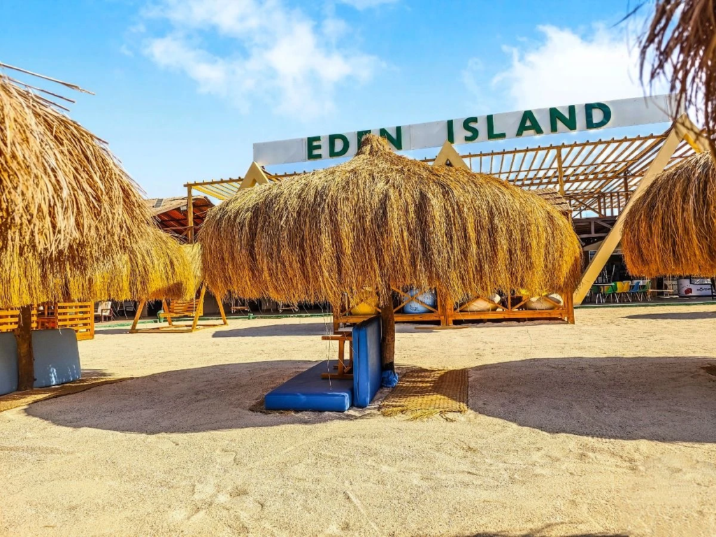 Enjoy Eden Island Hurghada with Orange Bay beach time, snorkeling, White Island views, fresh fruit, and a private Red Sea boat experience.